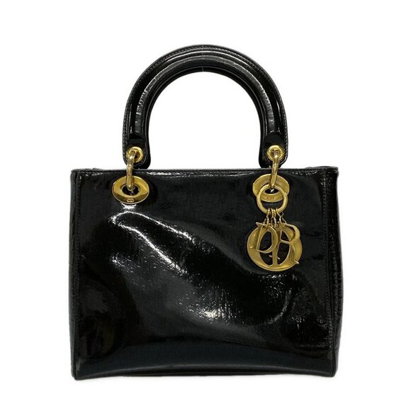 Auth DIOR/ChristianDior Lady Dior Medium Bag Black Patent Leather Handbag - Picture 1 of 15